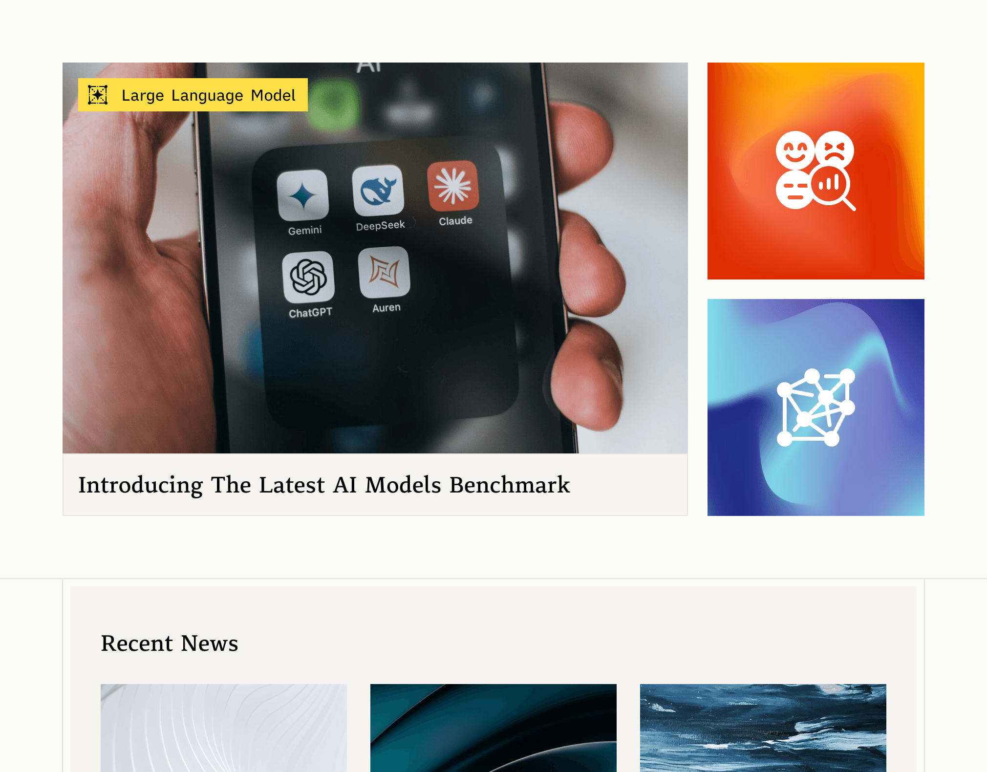 A hand holding a smartphone displaying AI app icons (Gemini, DeepSeek, Claude, ChatGPT, Auren) with the title 'Introducing The Latest AI Models Benchmark' and colorful emoji graphics in the background