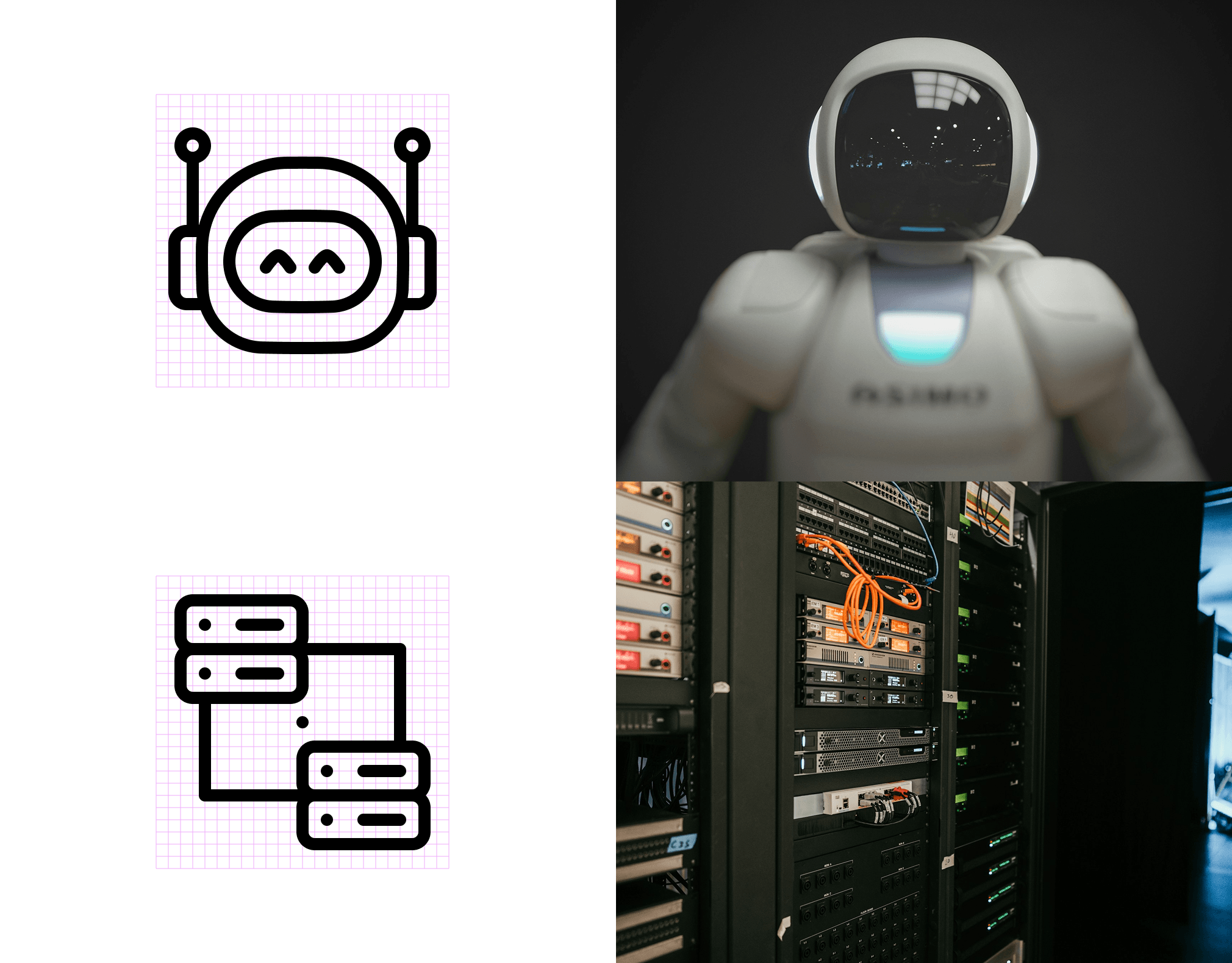 Left: Line art icons of a robot face and stacked servers on a grid background. Right: A humanoid robot standing in front of server racks with orange network cables.