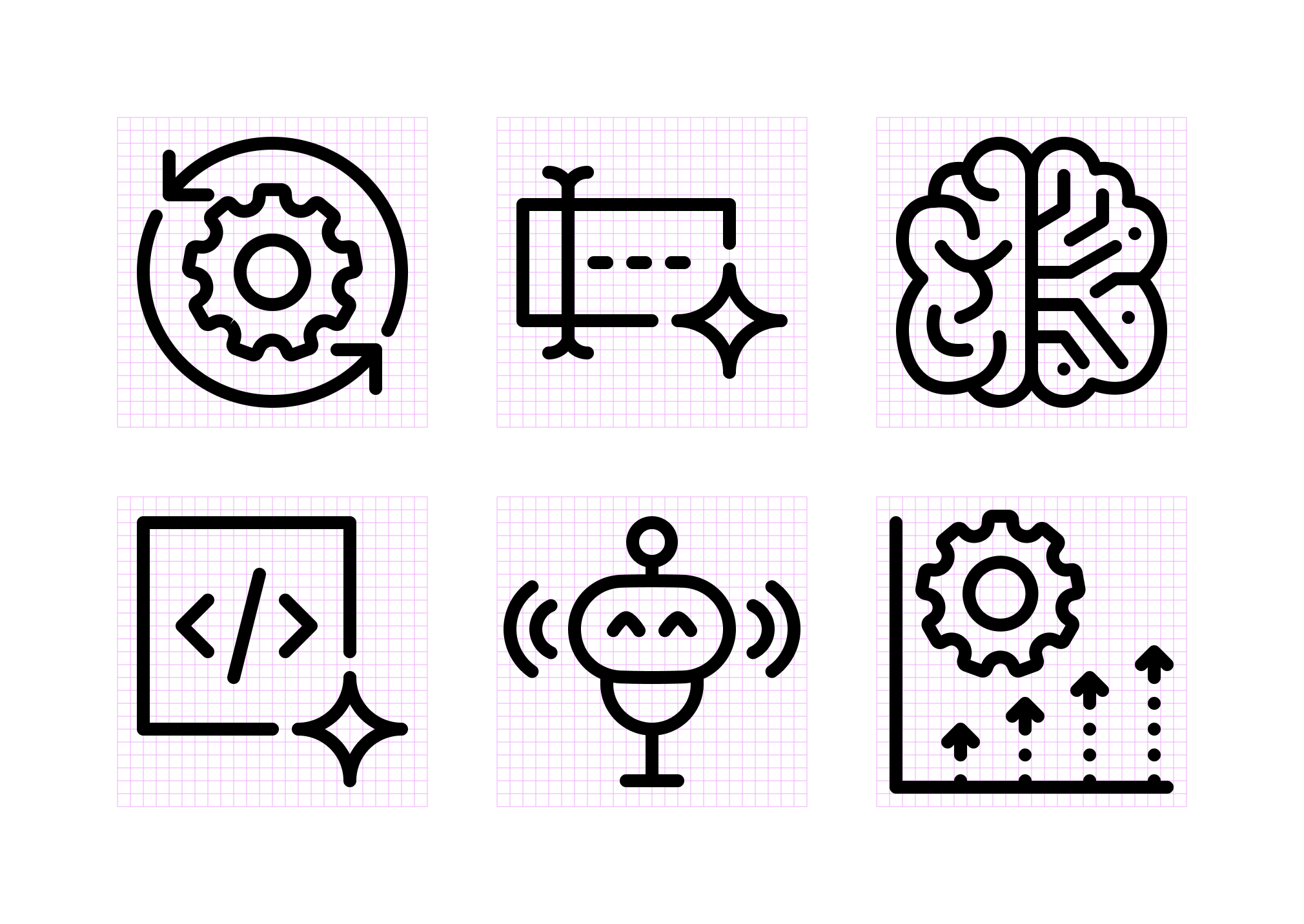 Six black line art icons on a light grid: gear with circular arrow, document with spark, brain with lightning, code tag with spark, robot with sound waves, and gear with upward trend graph.