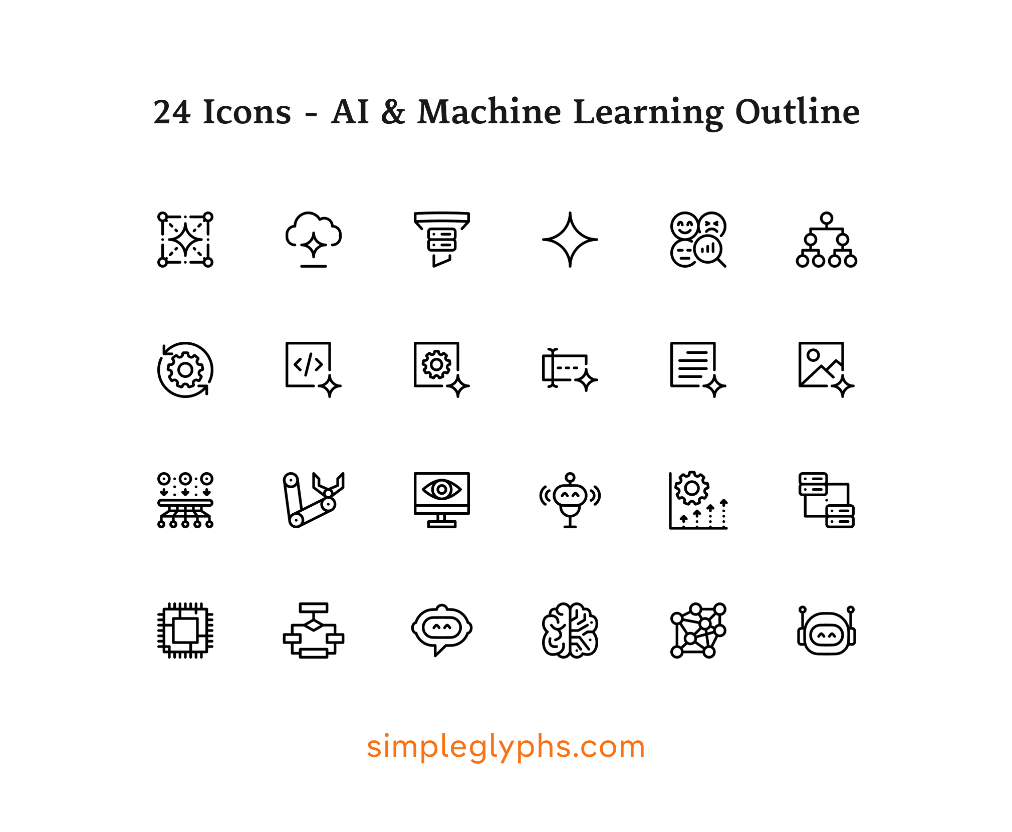 A 4x6 grid of 24 black outline icons representing AI and Machine Learning concepts, titled '24 Icons - AI & Machine Learning Outline' with a 'simpleglyphs.com' watermark at the bottom.