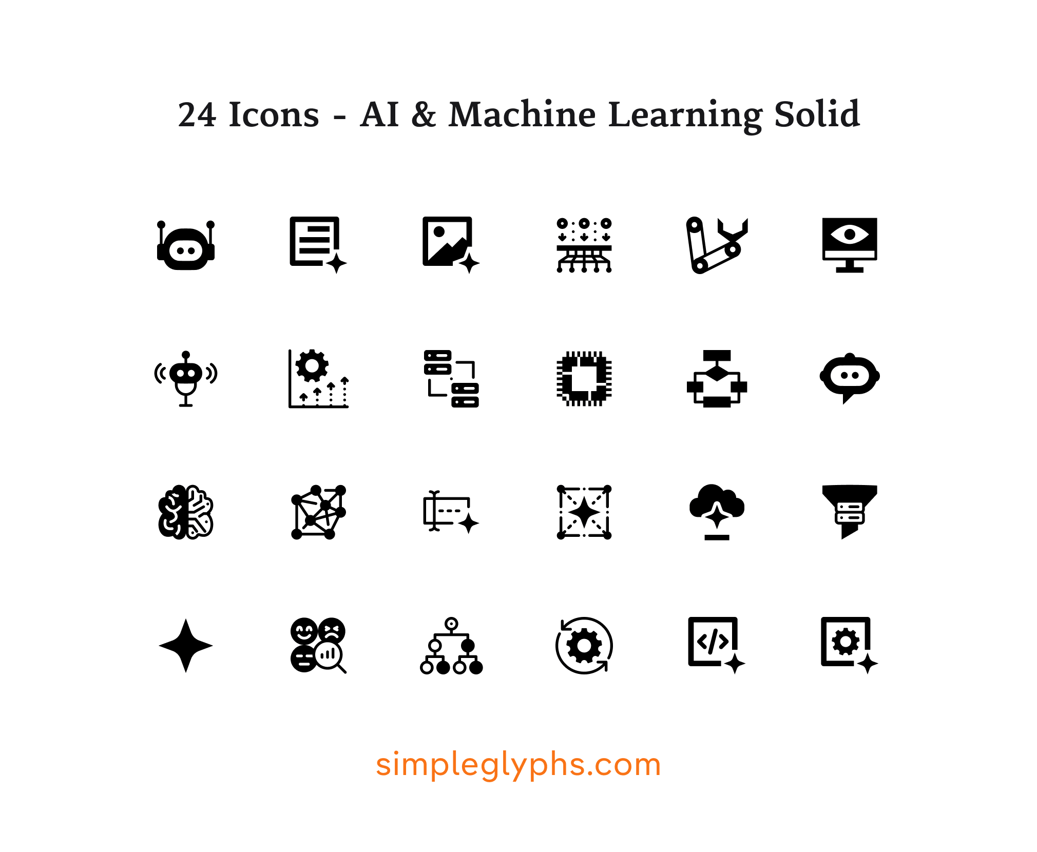 A 4x6 grid of 24 solid black icons representing AI and Machine Learning concepts, titled '24 Icons - AI & Machine Learning Solid' with a 'simpleglyphs.com' watermark at the bottom.