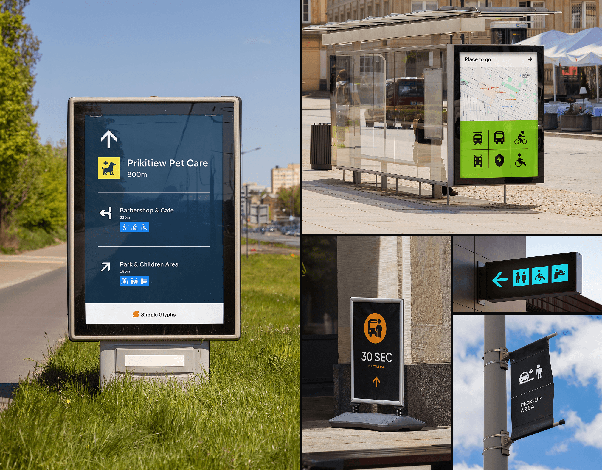 Wayfinding signage system applied to real-world installations including digital kiosks, street signs, and directional markers with icons for pet care, transport, accessibility