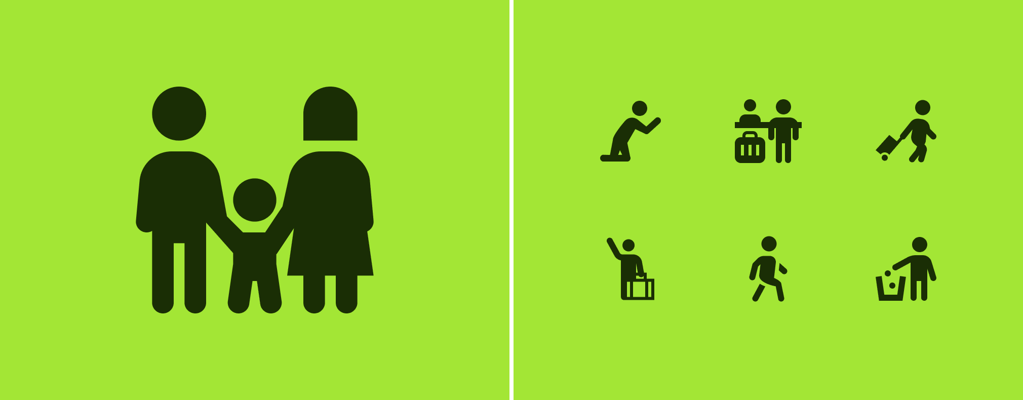People and activity icons on bright green background including family unit, and individual actions such as resting, traveling with luggage, pushing strollers, running, and disposing waste