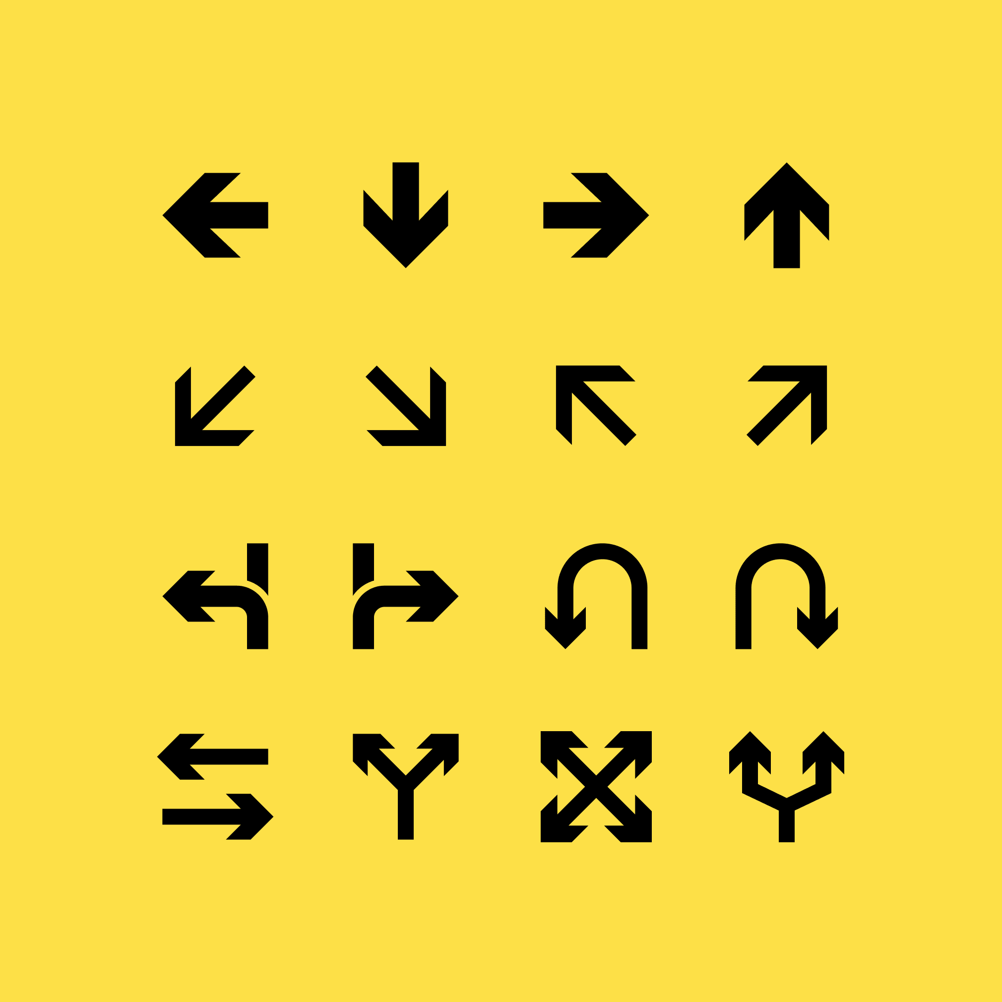 Comprehensive directional arrow icon set on yellow background including straight directions, diagonal angles, turns, U-turns, intersections, and multi-directional split symbols