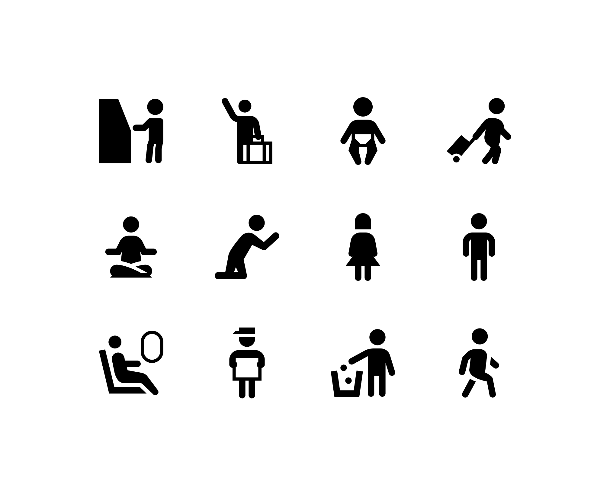 Twelve people and activity silhouette icons including kiosk users, travelers with luggage, infants, children, meditation, exercise, gender representations, seating, security, waste disposal, and runners
