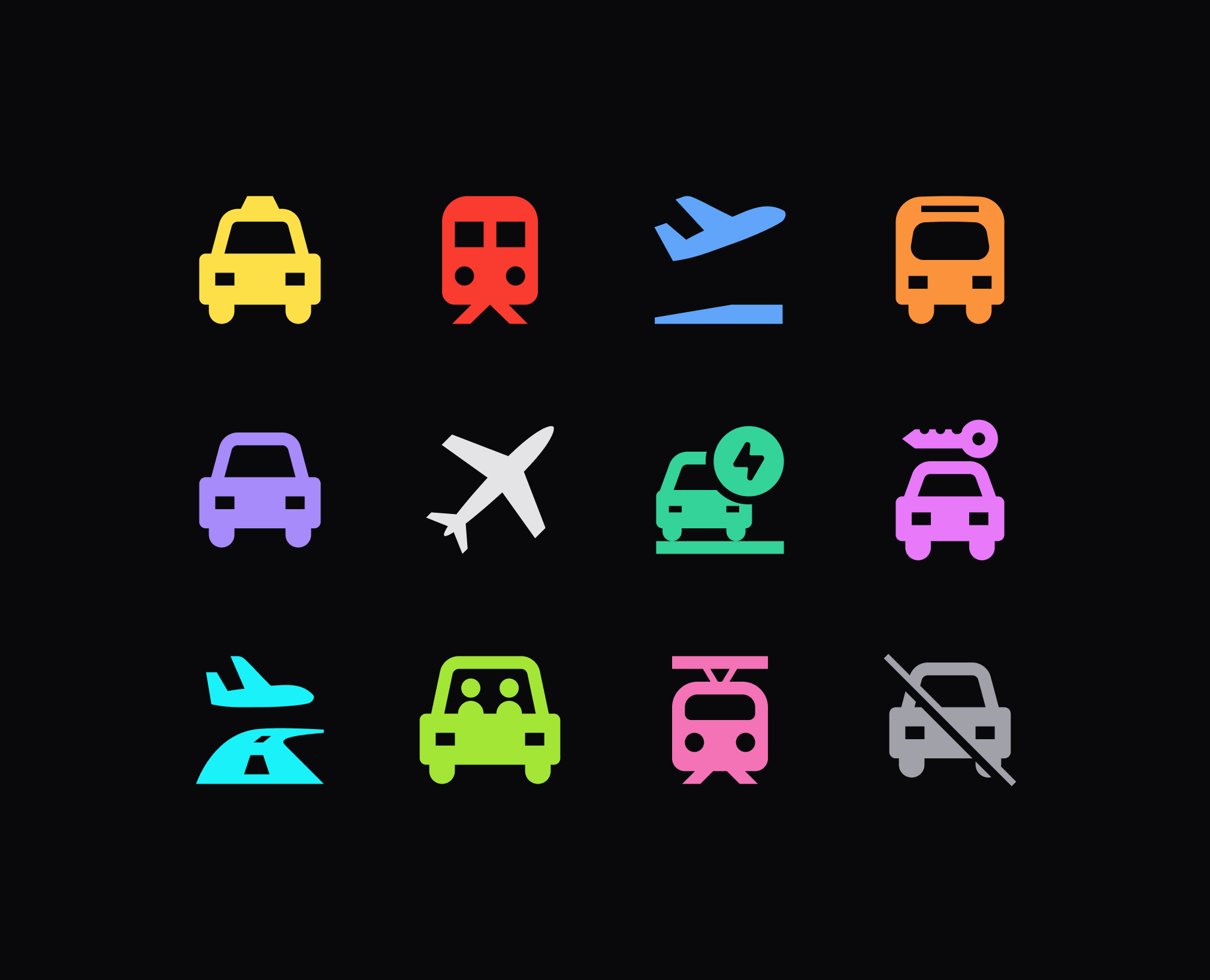 Colorful transportation icon set on black background featuring taxis, trains, airplanes, buses, cars, electric vehicles, rental options, seaplanes, trams, and no-parking symbols in vibrant colors