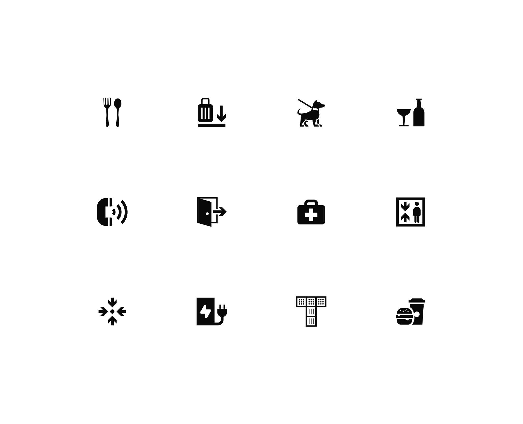 Twelve facility and service icons including dining, baggage claim, pet relief, bar, phone, emergency exit, medical, elevator, accessibility, charging station, hotel, and food service