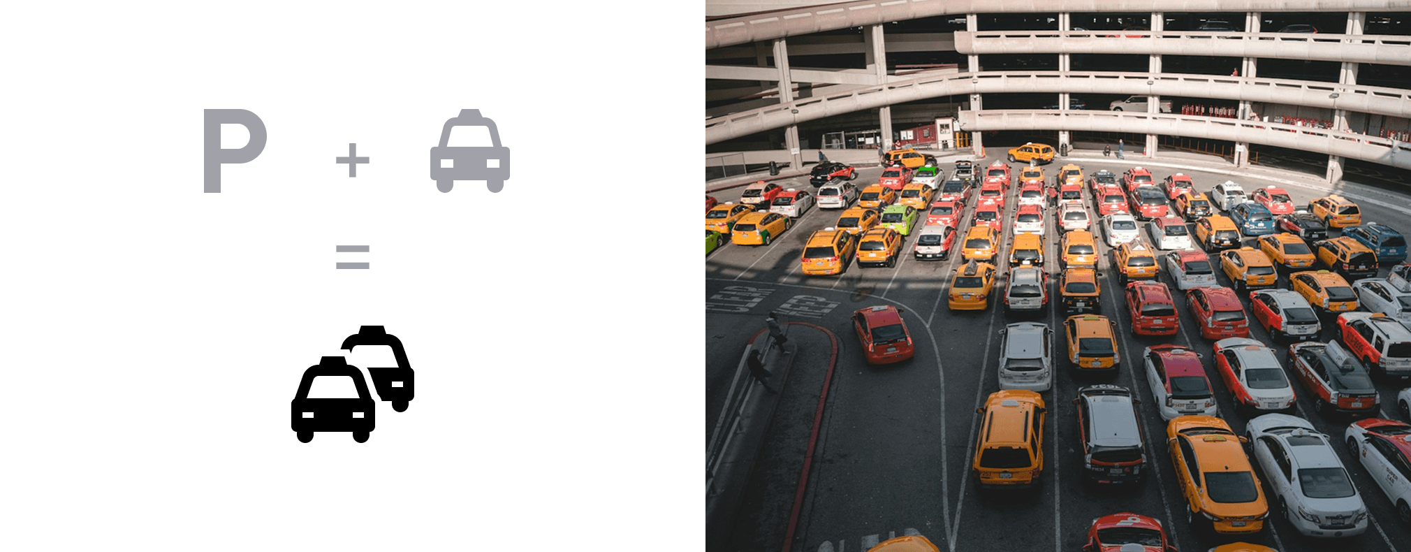 Icon design concept showing parking symbol combined with car icon to create taxi stand symbol, paired with photograph of multi-level parking garage filled with yellow and colored taxis
