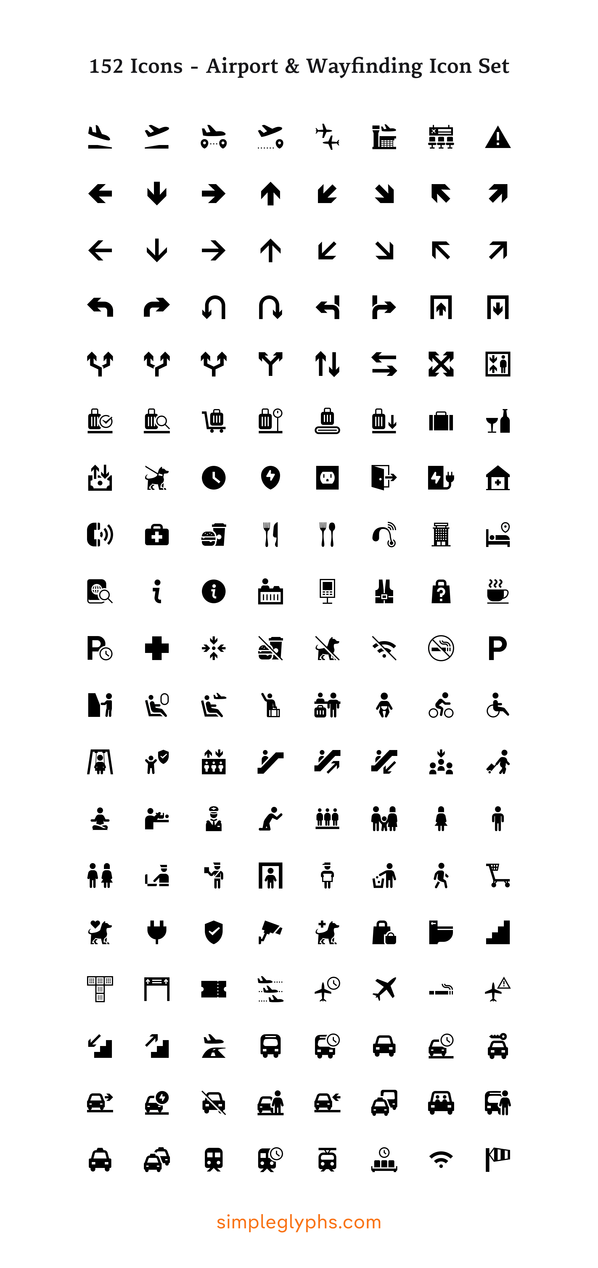 Complete airport and wayfinding icon set containing 152 symbols including directional arrows, transportation, luggage, people activities, accessibility, facilities, services, dining, medical, parking, vehicles, and safety icons in bold black silhouettes