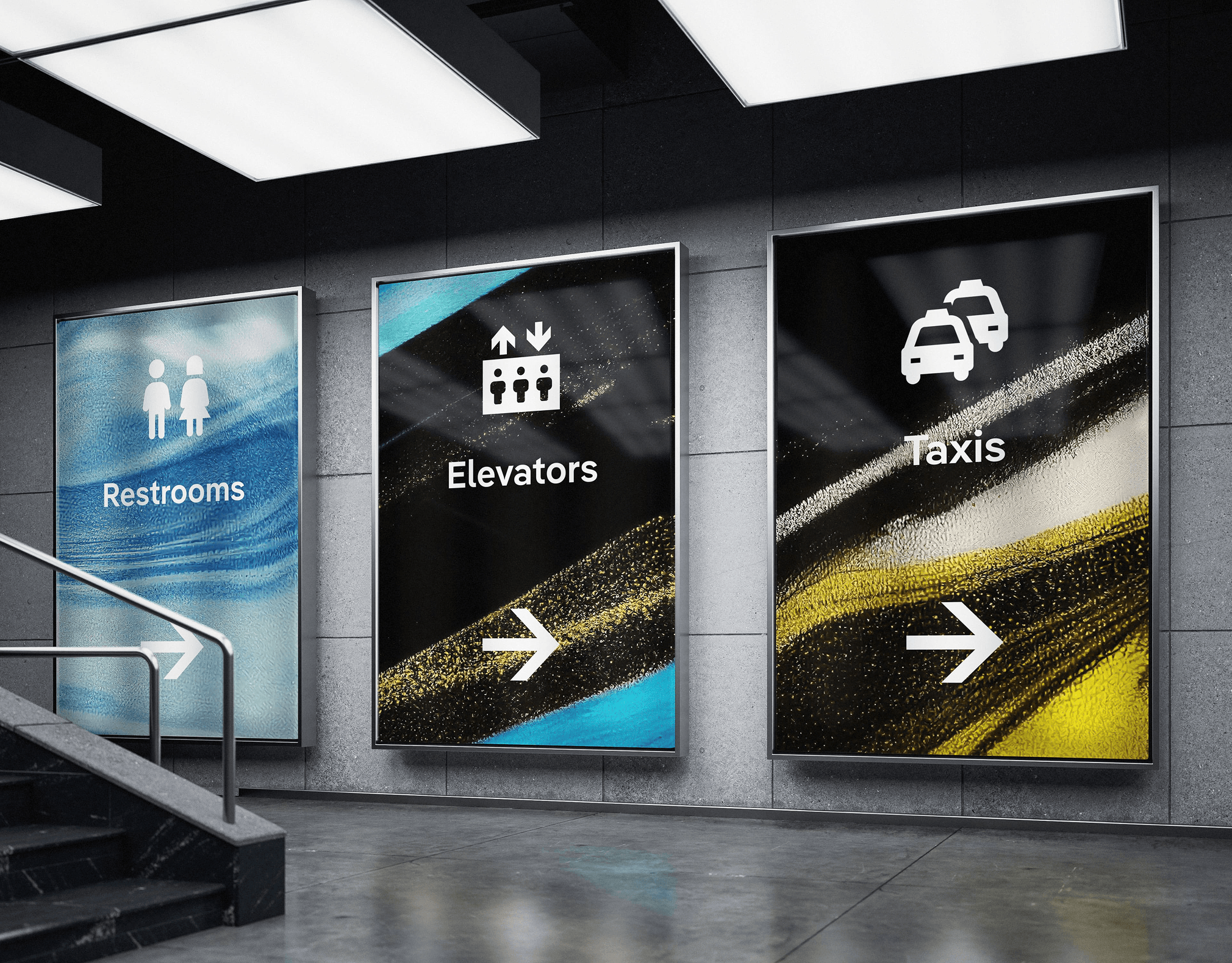 Modern wayfinding signage with three illuminated directional signs for restrooms, elevators, and taxis featuring icons and arrows with textured blue, yellow, and turquoise designs