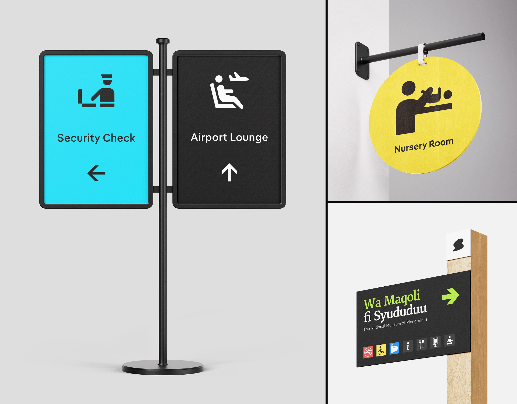 Wayfinding signage applications including double-sided pole signs for security check and airport lounge, circular hanging nursery room sign, and museum directional sign with facility icons
