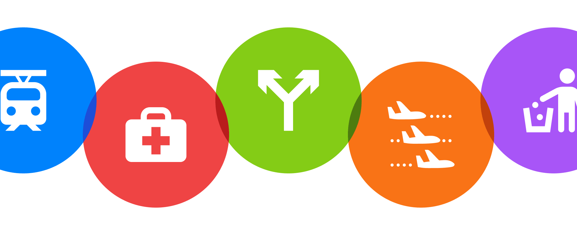 Color-coded circular icon set for airport wayfinding including train transit, medical services, directional splits, departures, and facility management icons