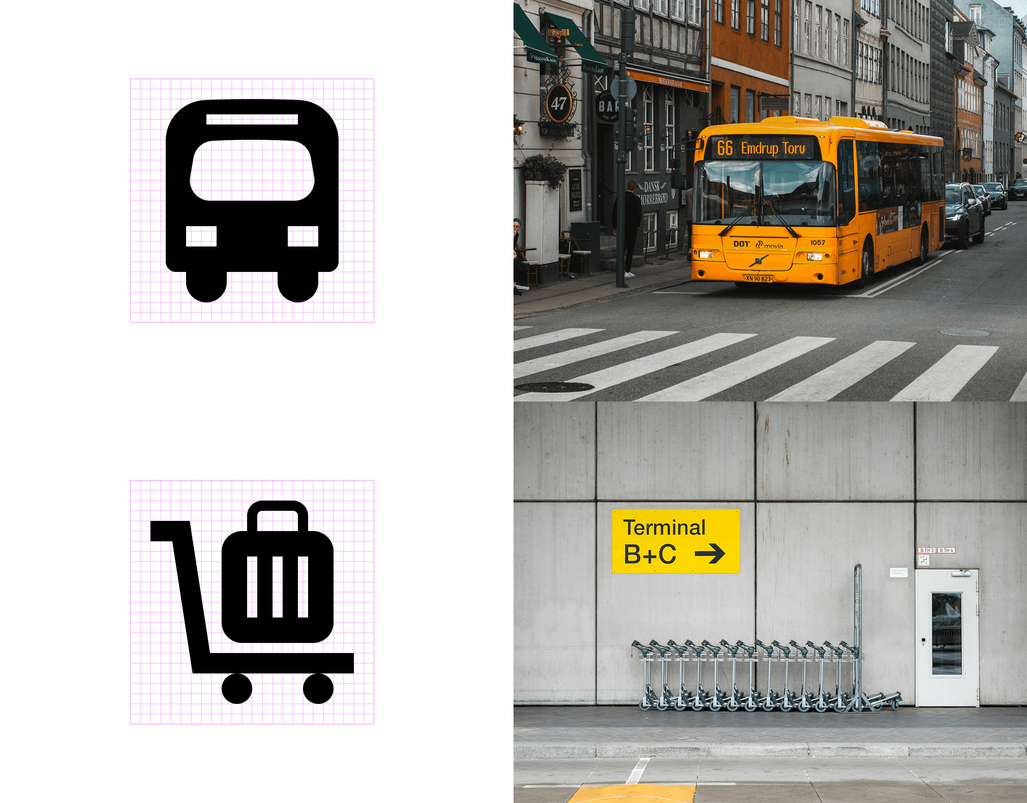Icon design process showing bus and shopping cart luggage icons on grid layouts, applied to real-world signage including public transit bus, terminal direction sign, and micro-mobility vehicle parking