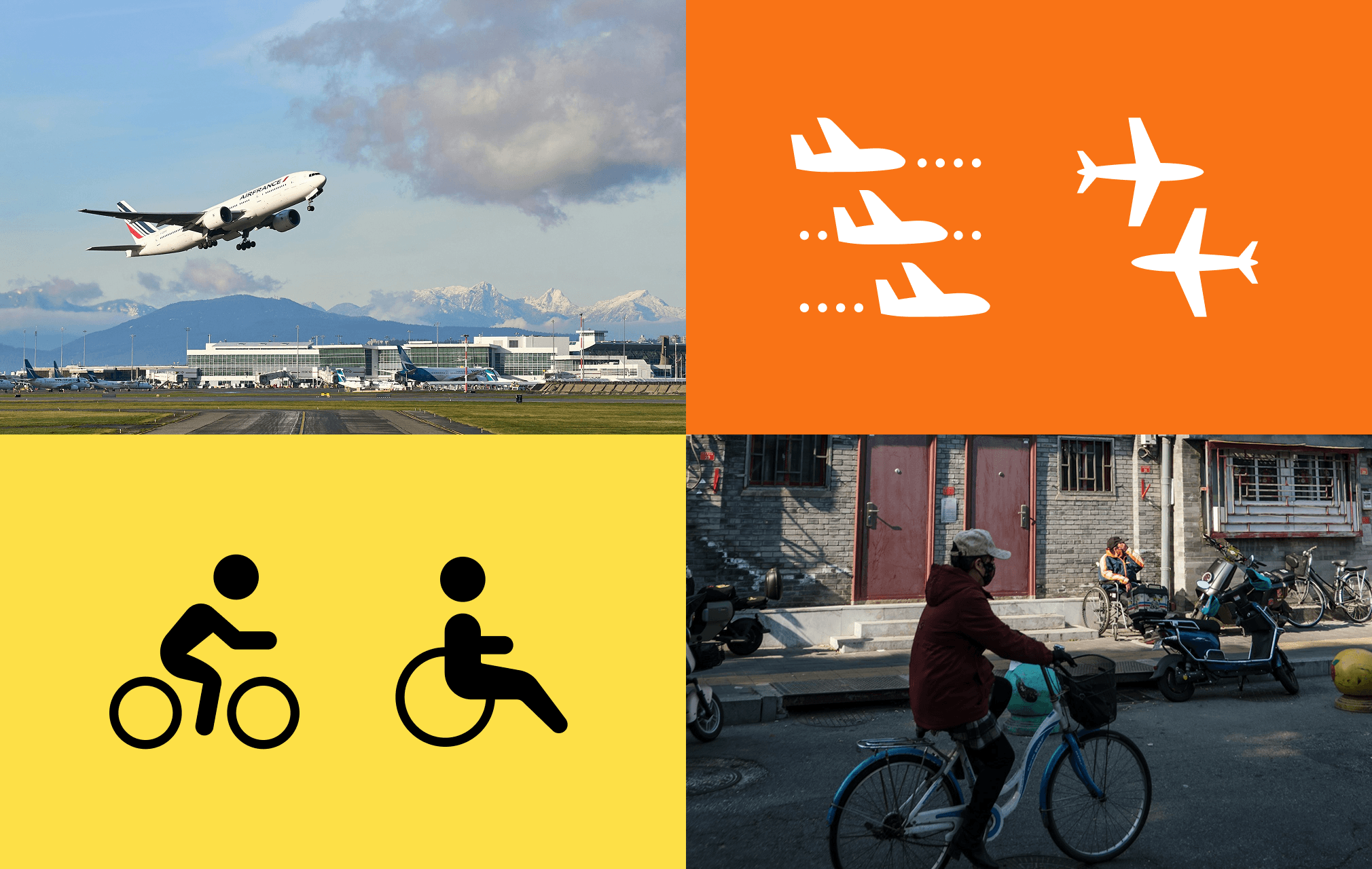 Icon design applied to real environments showing airplane departures, stacked flights, cycling and wheelchair accessibility icons alongside photography of airport operations and urban bike riders