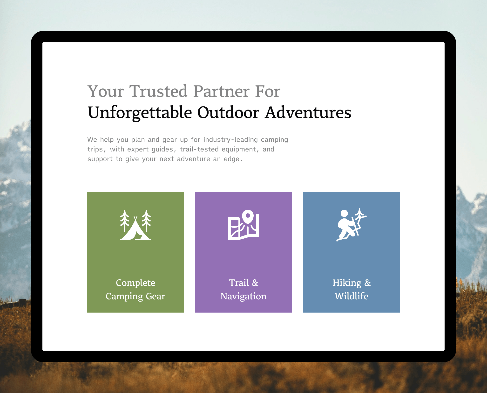 Camping website homepage design showing Unforgettable Outdoor Adventures hero section with three service cards: Complete Camping Gear, Trail & Navigation, and Hiking & Wildlife