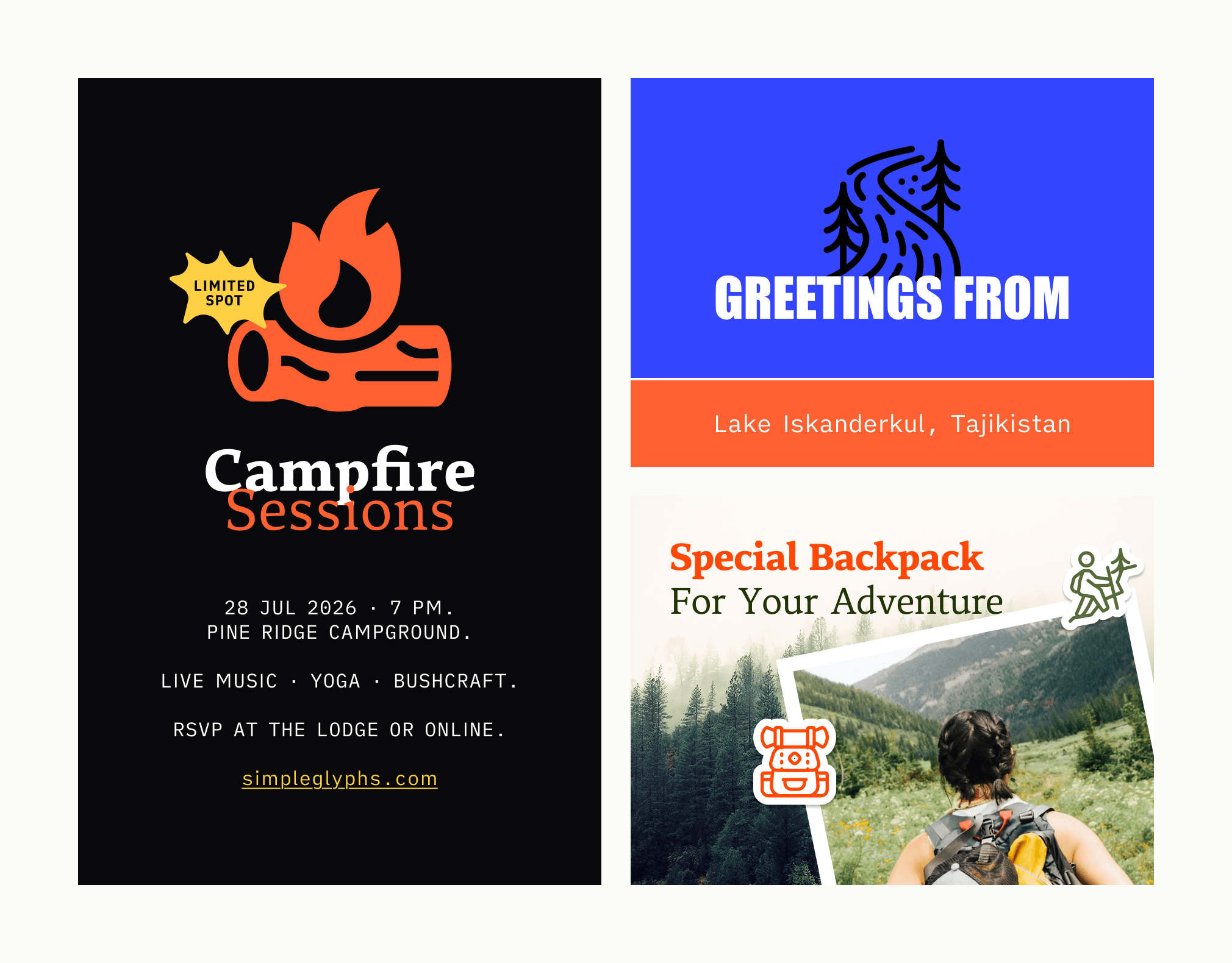 Campfire Sessions event poster and Lake Iskanderkul Tajikistan travel postcard with special backpack adventure promo