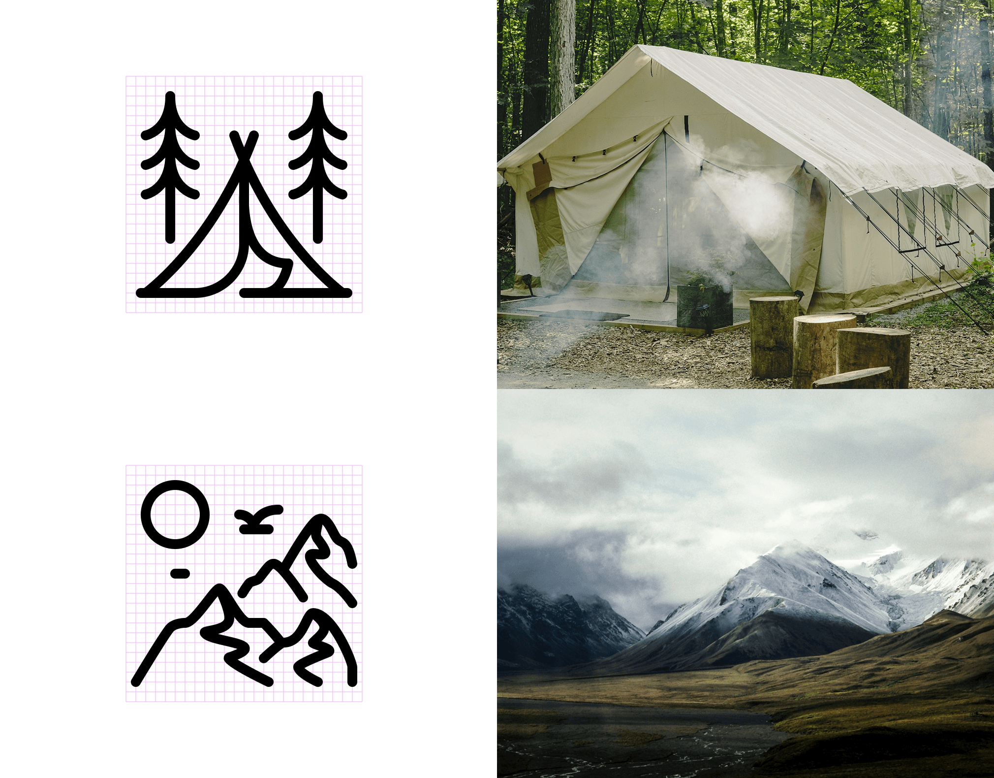 Hand drawn camping icons of tent with pine trees and mountain landscape next to canvas glamping tent in forest and snow capped mountain range photos