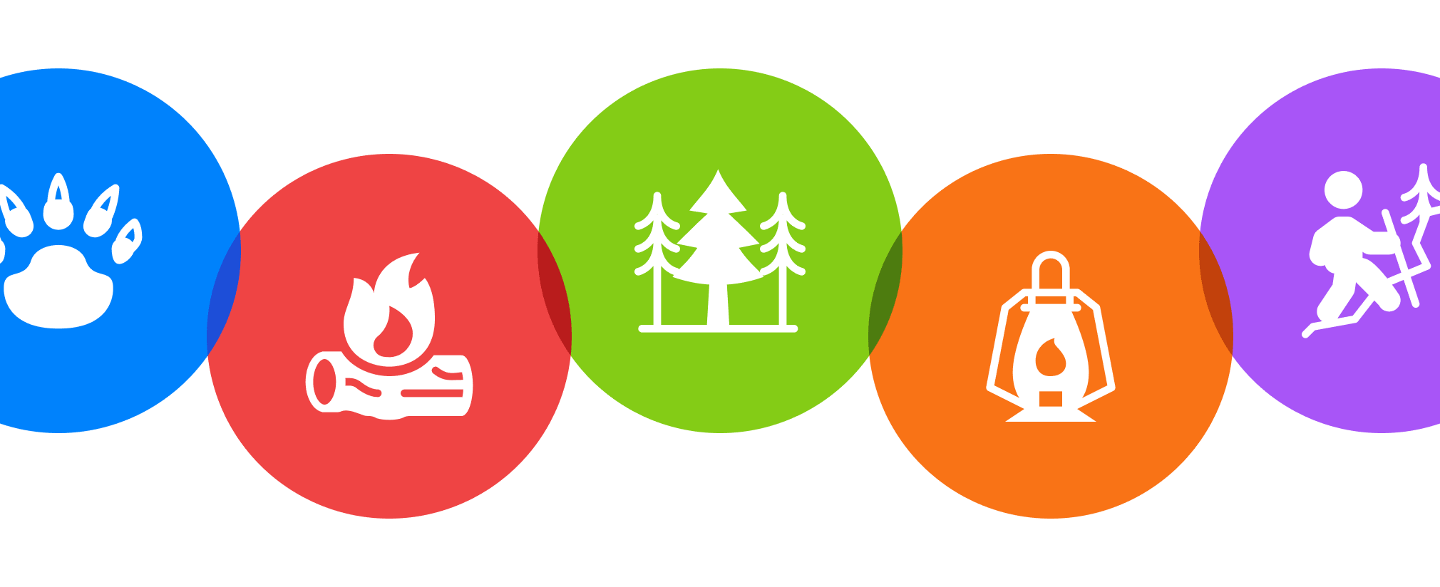 Set of five colorful overlapping circle icons for camping, animal paw print, campfire, pine trees, lantern, and hiker with trekking poles