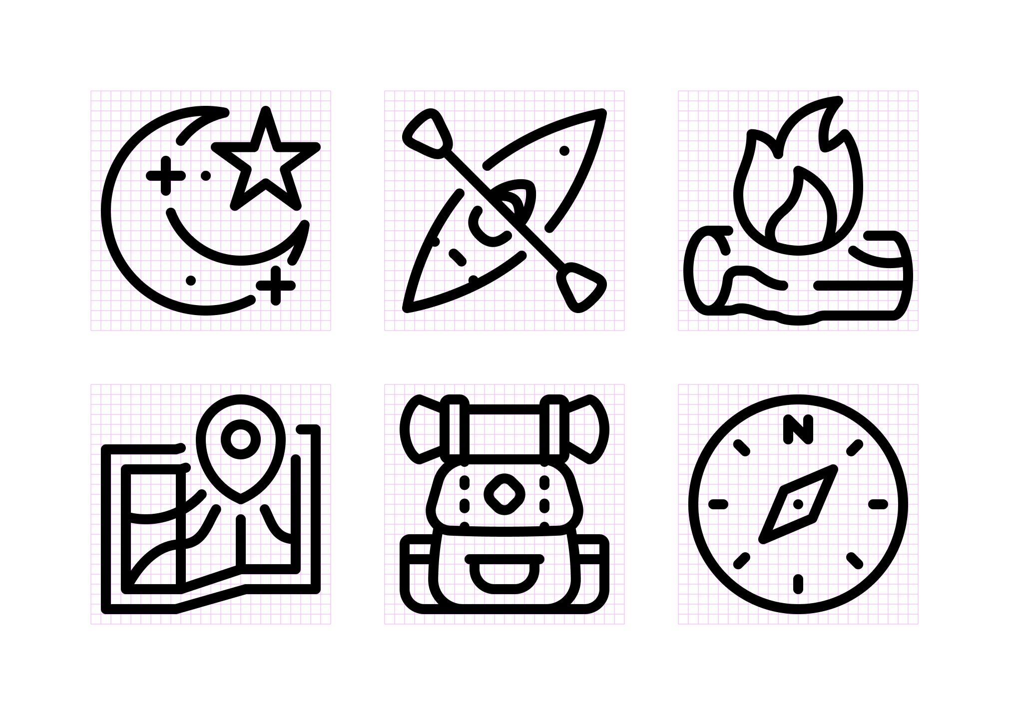 Set of six outdoor camping line icons, crescent moon and star, kayak with paddle, campfire, map with location pin, backpack, and compass