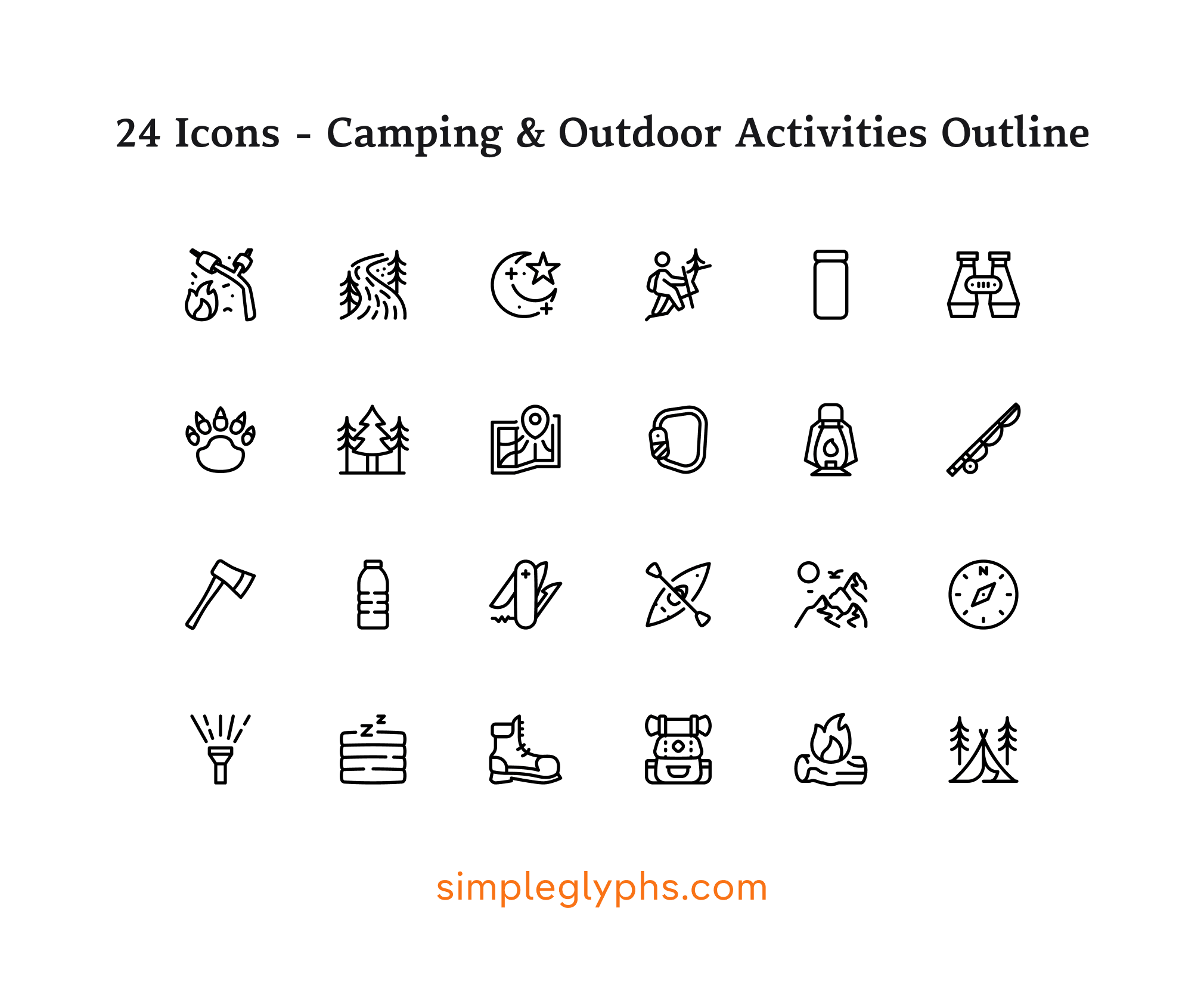 24 outline icons set for camping and outdoor activities including campfire, tent, backpack, compass, hiking boot, and binoculars from simpleglyphs.com