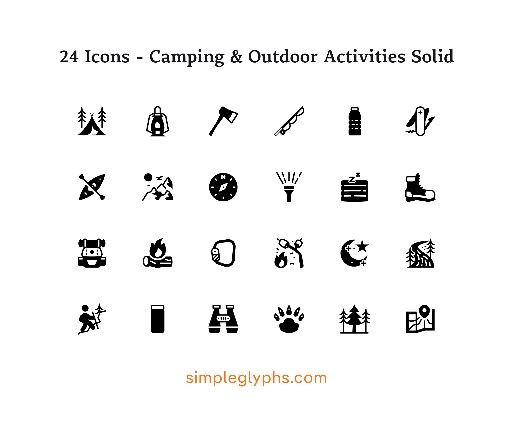 24 solid black camping and outdoor activities icons including tent, lantern, axe, compass, hiking boot, and backpack from simpleglyphs.com