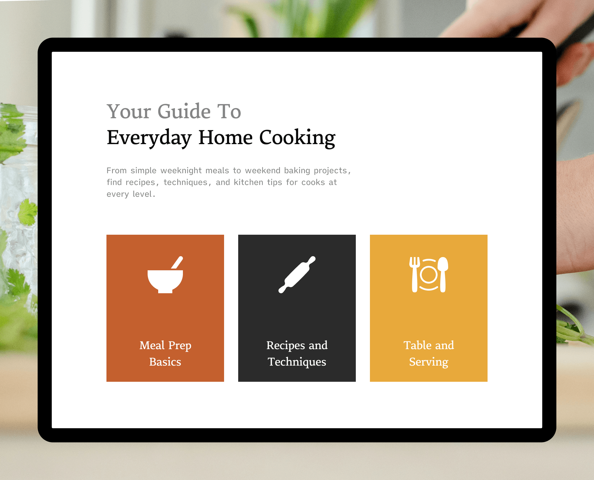 Recipe blog homepage mockup using cooking and kitchen icons, featuring a mortar and pestle icon, rolling pin icon, and fork plate spoon icon for meal prep, recipes, and table setting categories