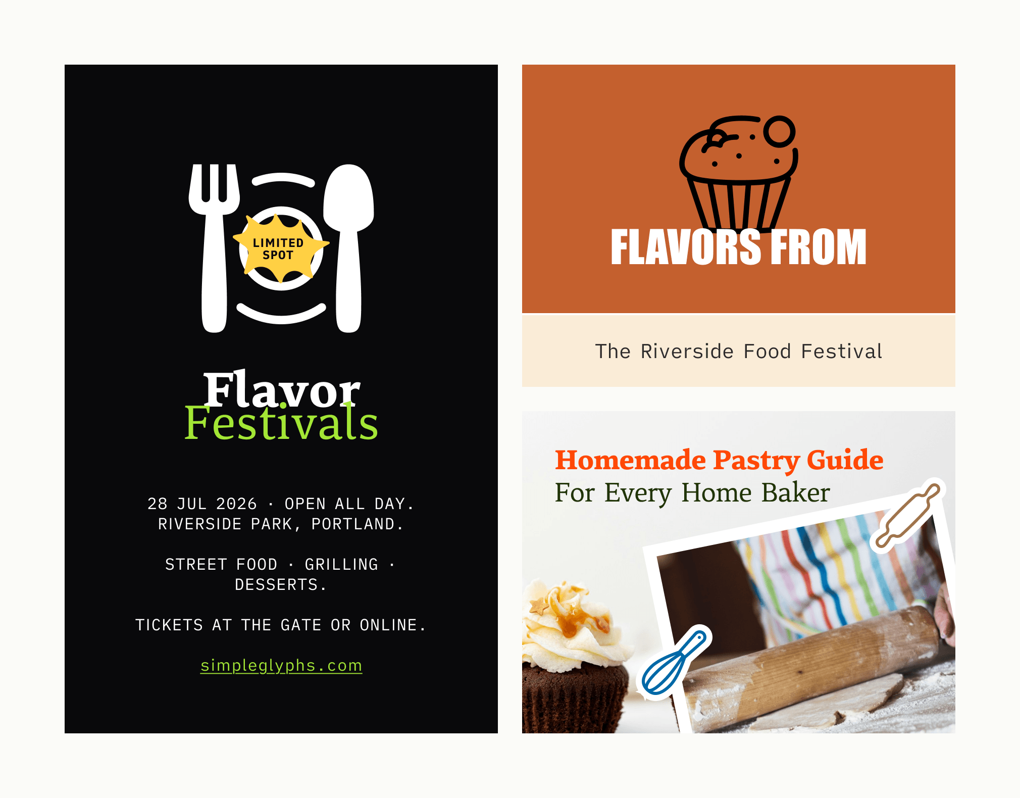 Cooking icon set used in food festival poster and pastry guide design, featuring fork spoon plate icon, cupcake icon, rolling pin icon, and whisk icon in event flyers and homemade baking blog graphics