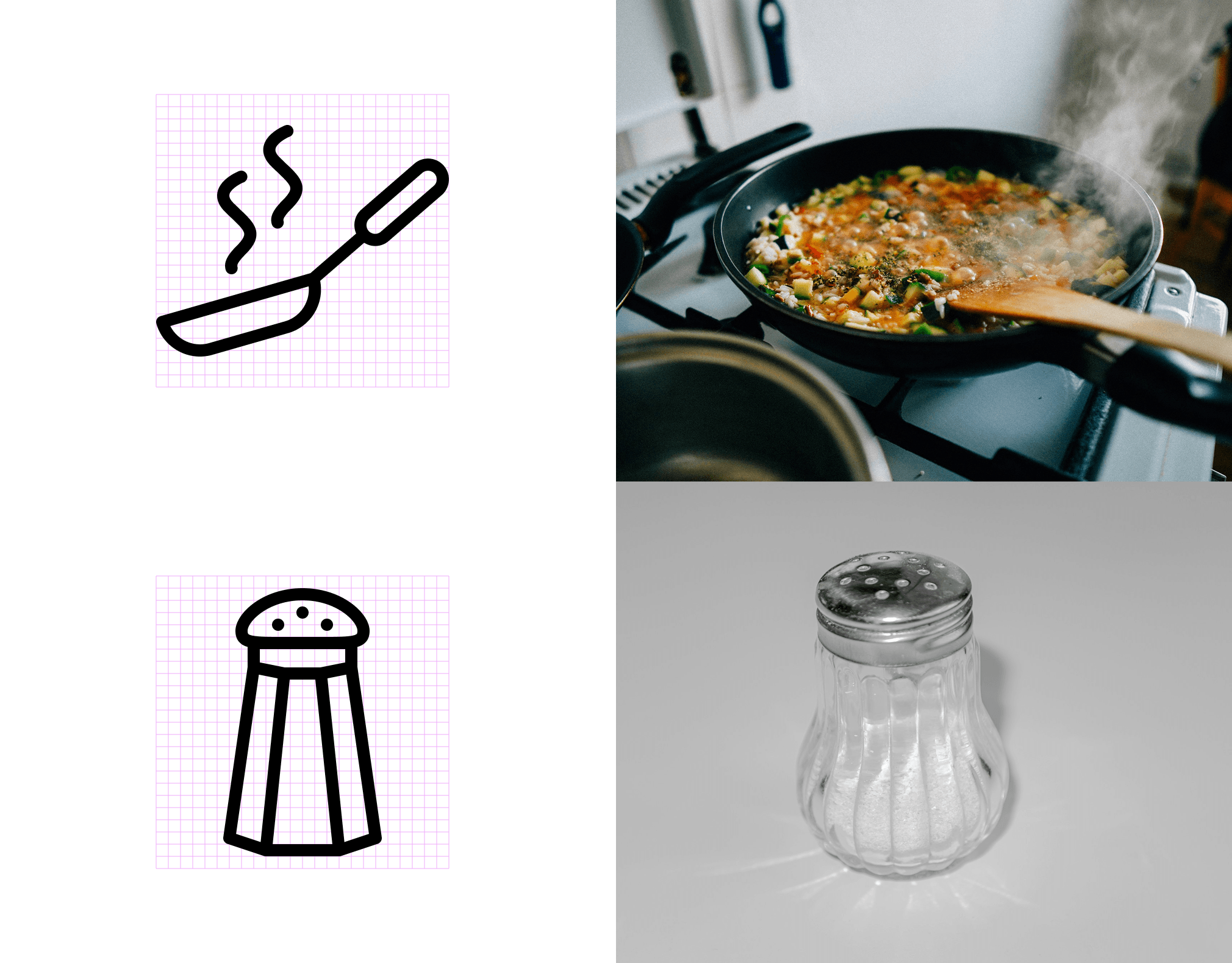 Frying pan icon and salt shaker icon from cooking icon set compared to real kitchen photos, showing a steaming skillet with vegetables and a glass salt shaker for food and kitchen design reference