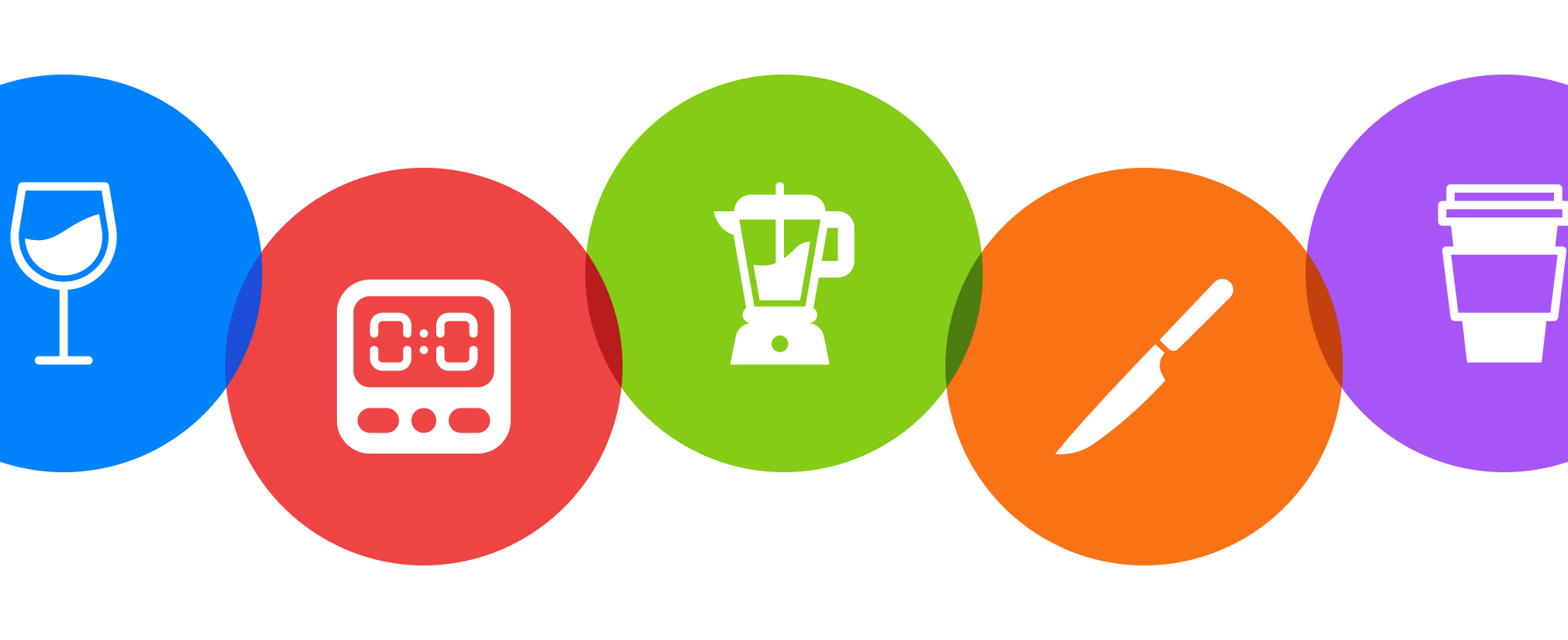 Colorful cooking icon set showing wine glass icon, kitchen timer icon, blender icon, kitchen knife icon, and coffee cup icon in circle badges for food and recipe app design