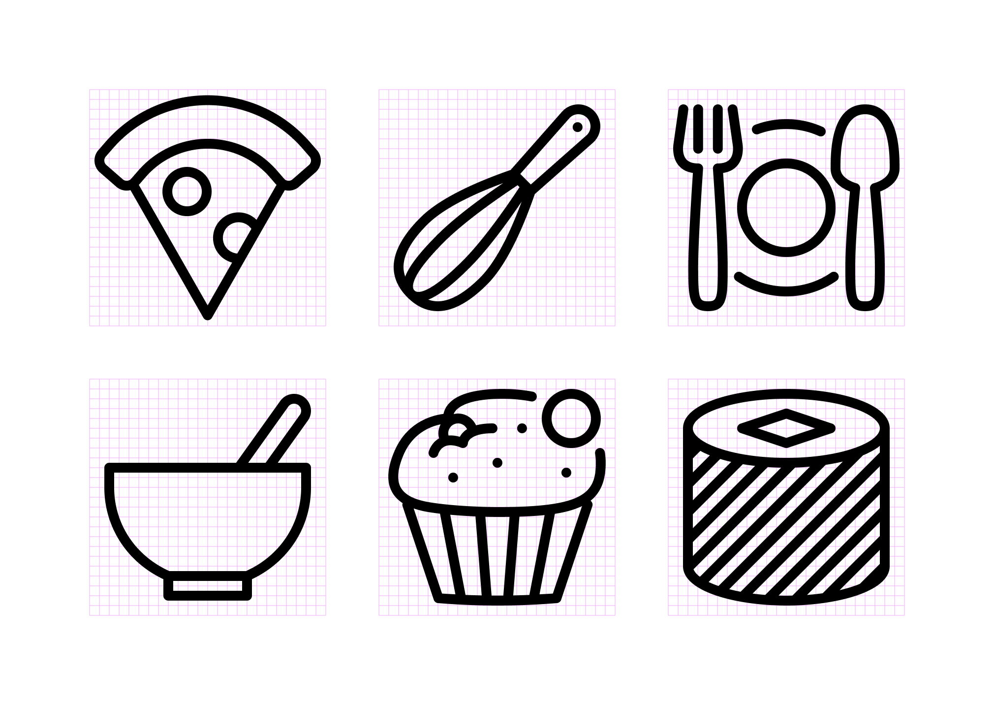 Outline food icon set showing pizza slice icon, whisk icon, fork plate spoon icon, mortar and pestle icon, cupcake icon, and sushi roll icon on grid layout for cooking and recipe app design