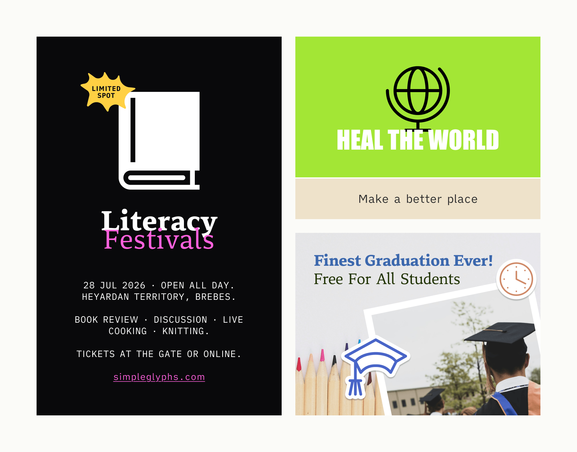 Education icon set used in literacy festival poster and graduation event design, featuring book icon, globe icon, graduation cap icon, and clock icon in event flyers and school promotional graphics
