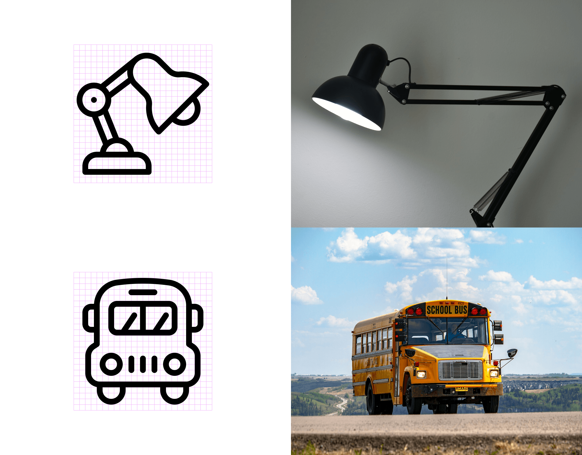 Study lamp icon and school bus icon from education icon set compared to real desk lamp and yellow school bus photos for edtech and school app design reference