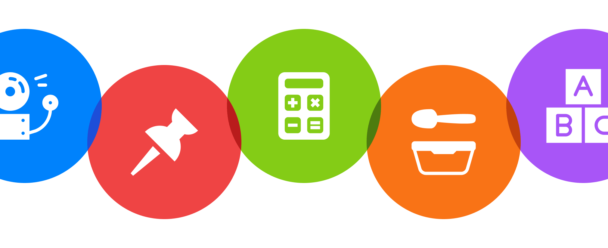 Colorful education icon set showing school bell icon, thumbtack icon, calculator icon, lunchbox icon, and ABC blocks icon in circle badges for edtech and classroom app design