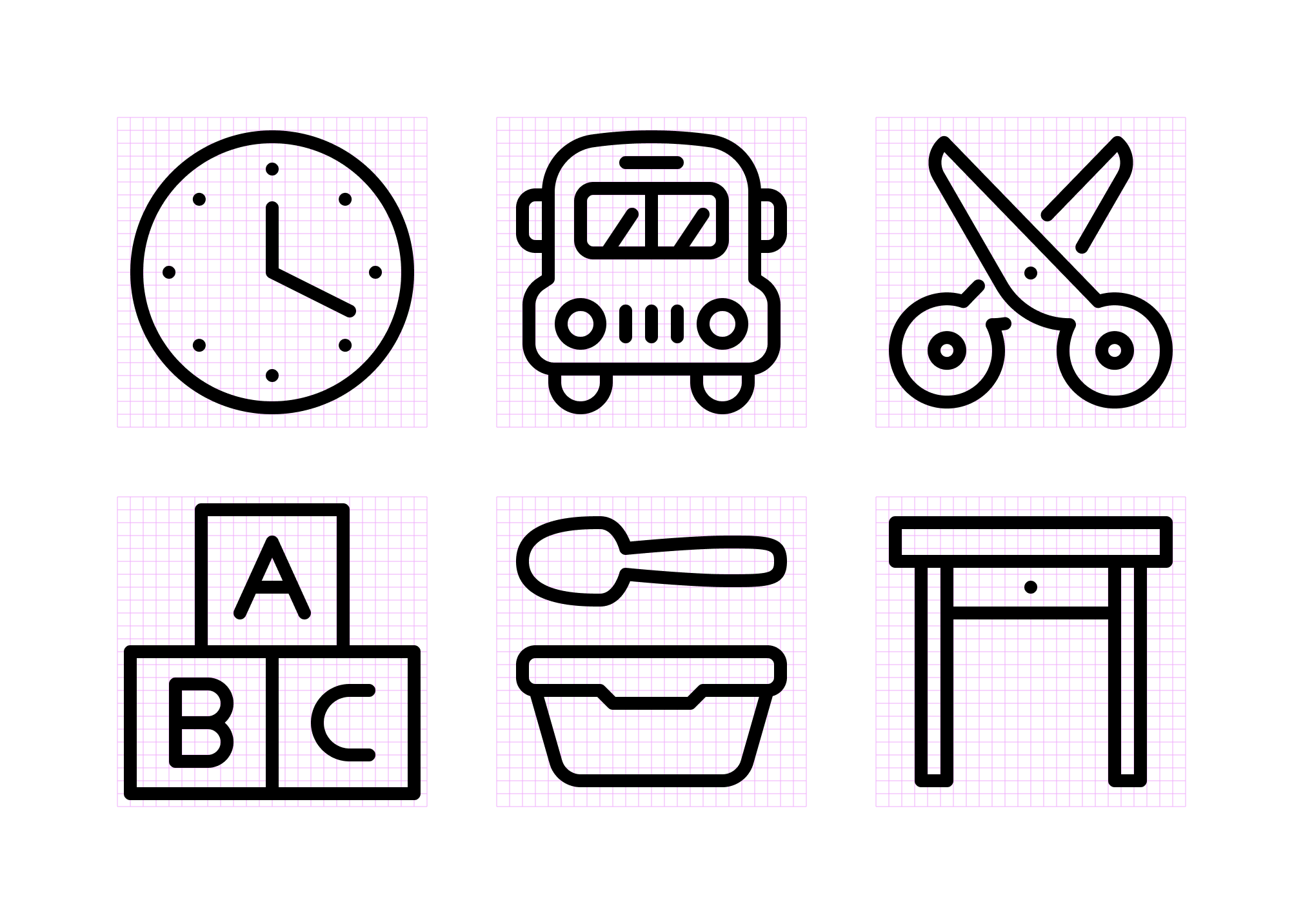 Outline school icon set showing clock icon, school bus icon, scissors icon, ABC blocks icon, lunchbox icon, and desk icon on grid layout for education and classroom app design