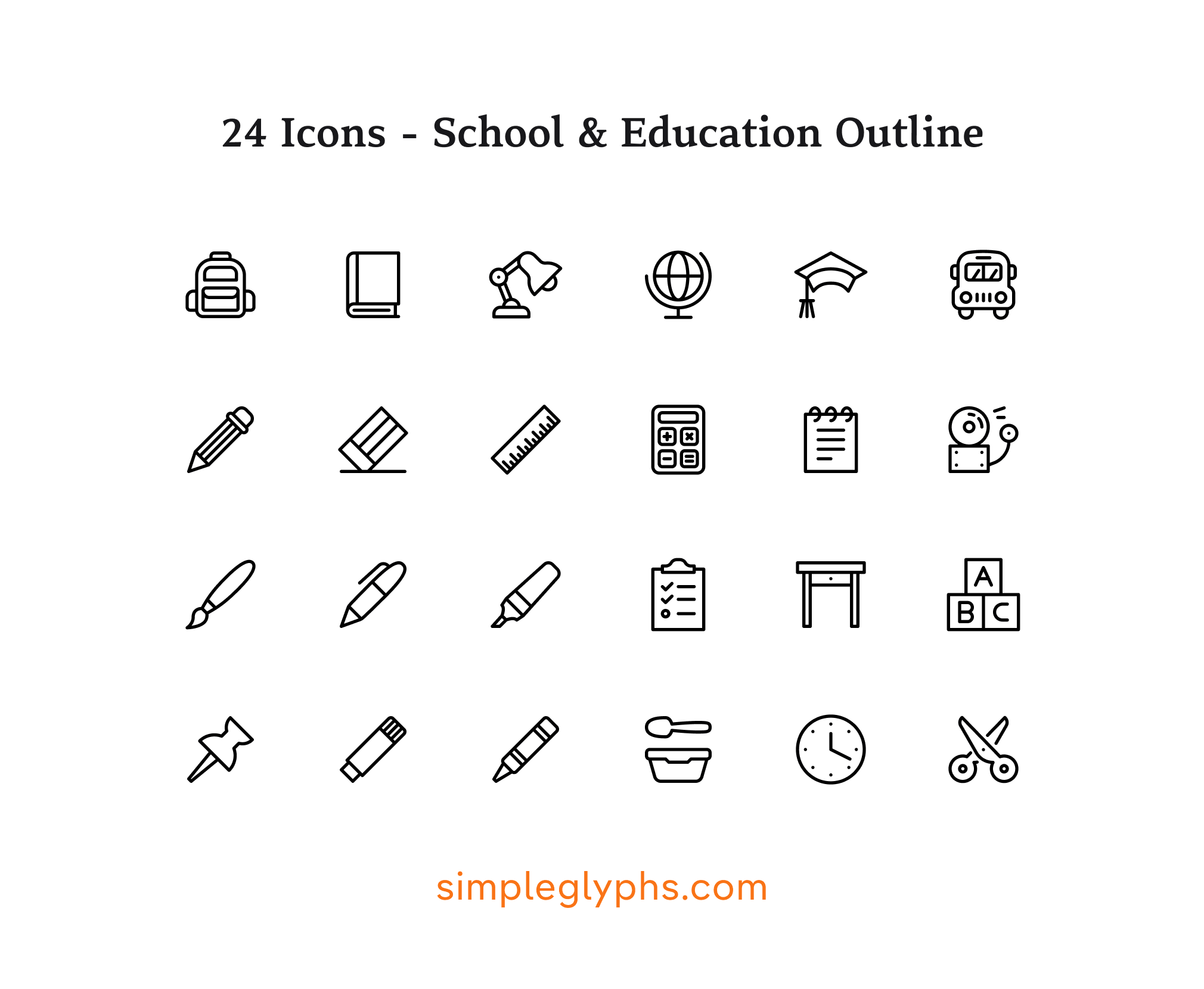 24 outline icons for school and education from Simple Glyphs, featuring backpack, book, graduation cap, school bus, calculator, clipboard, ruler, scissors, and clock icons for edtech and classroom design