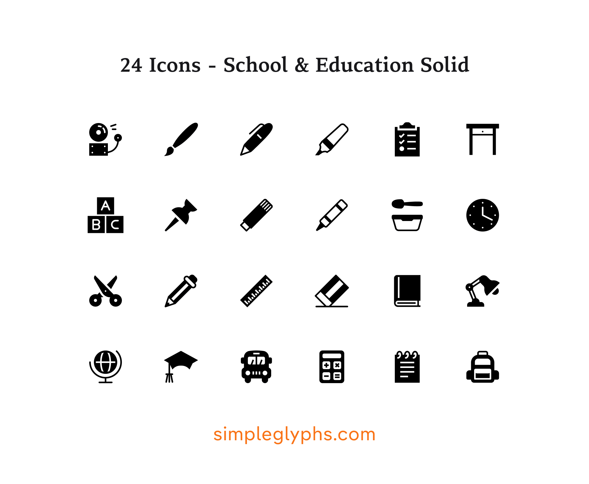 24 solid icons for school and education from Simple Glyphs, featuring school bell, clipboard, ABC blocks, clock, scissors, book, globe, graduation cap, school bus, and backpack icons for edtech design
