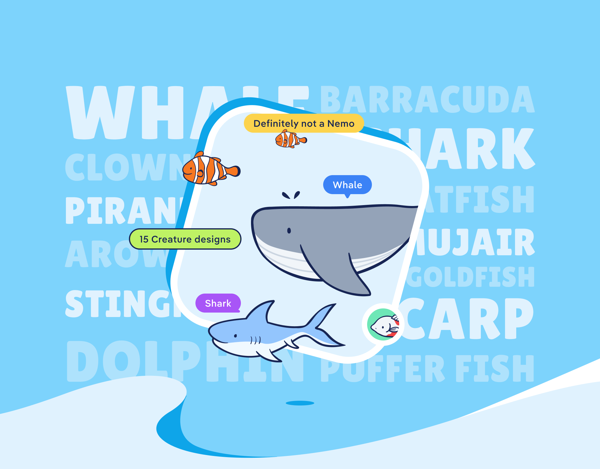 Cute Fishes, Whale, Dolphin Illustrations