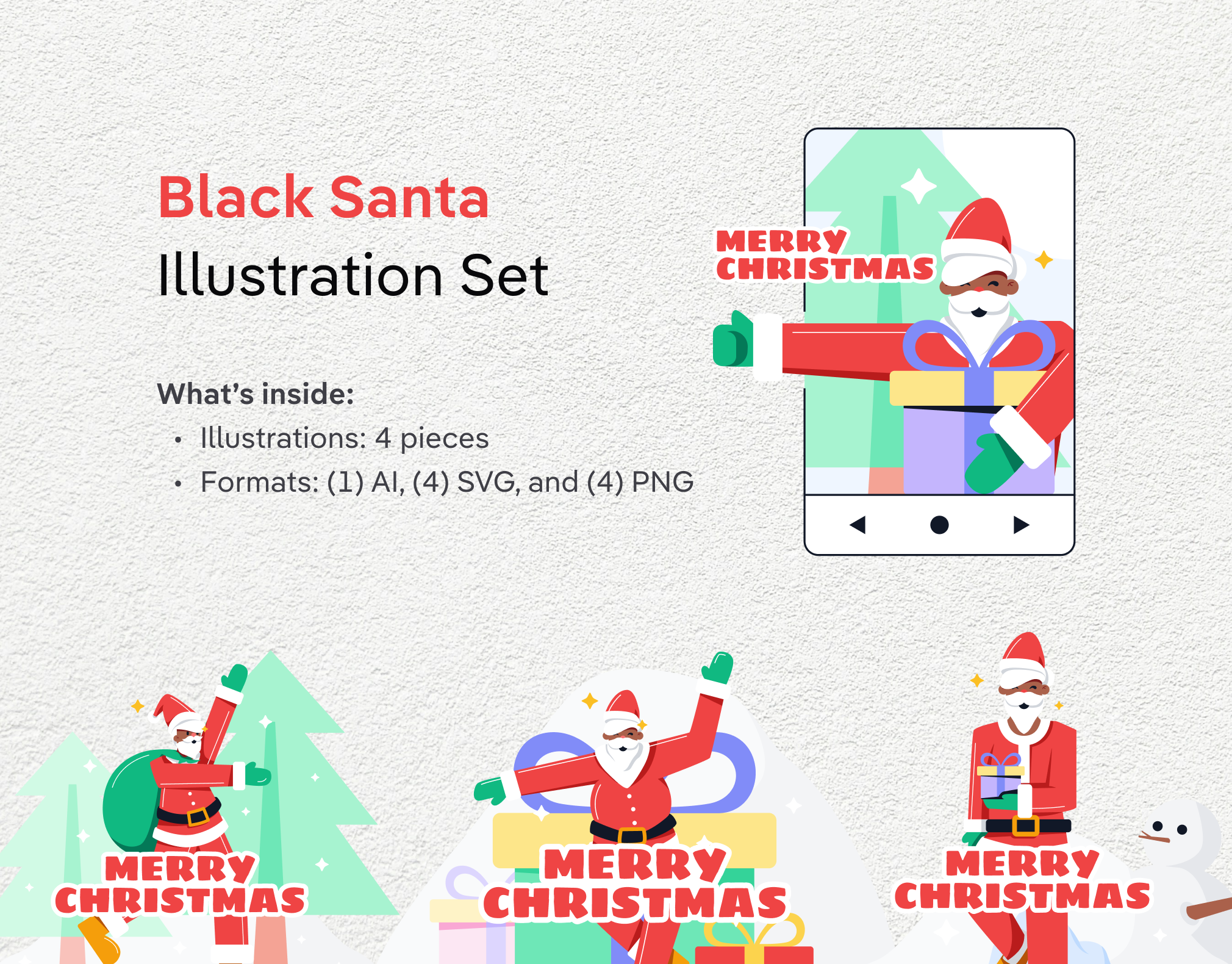 Black Santa Claus Christmas Illustration Set